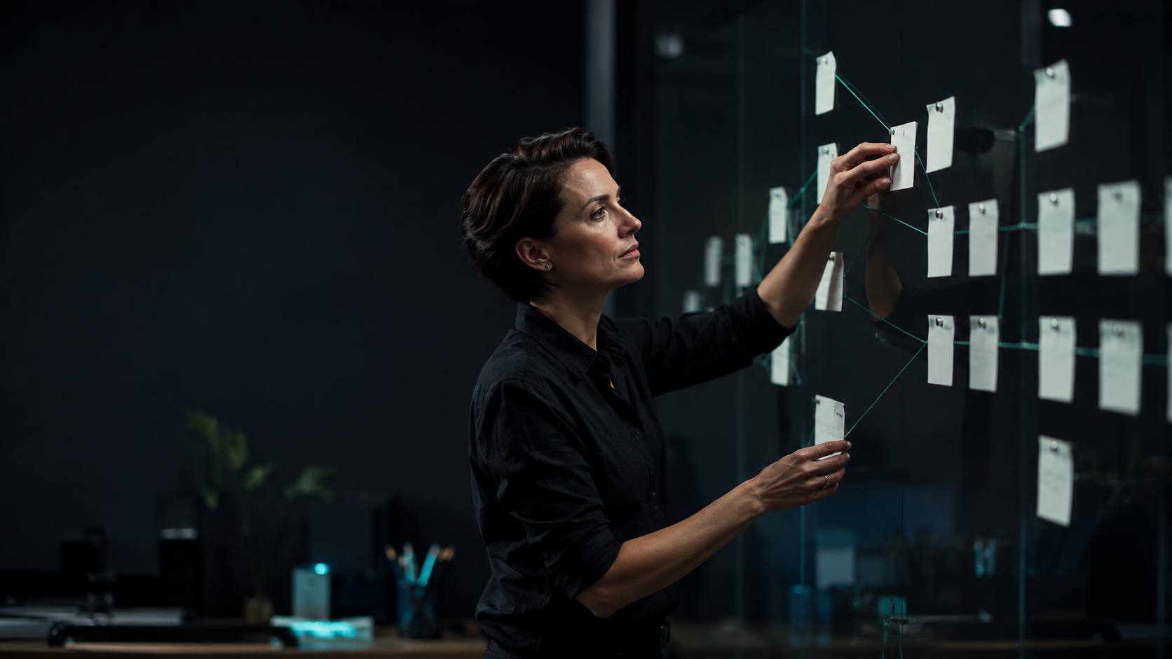 Content strategist arranging an editorial system on a glass planning board