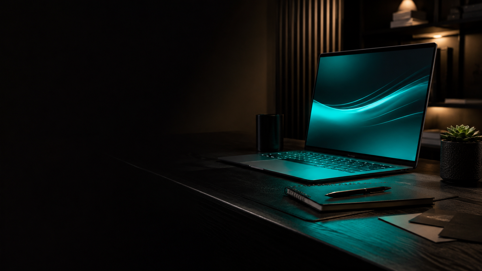A dark strategy workspace with a softly illuminated laptop